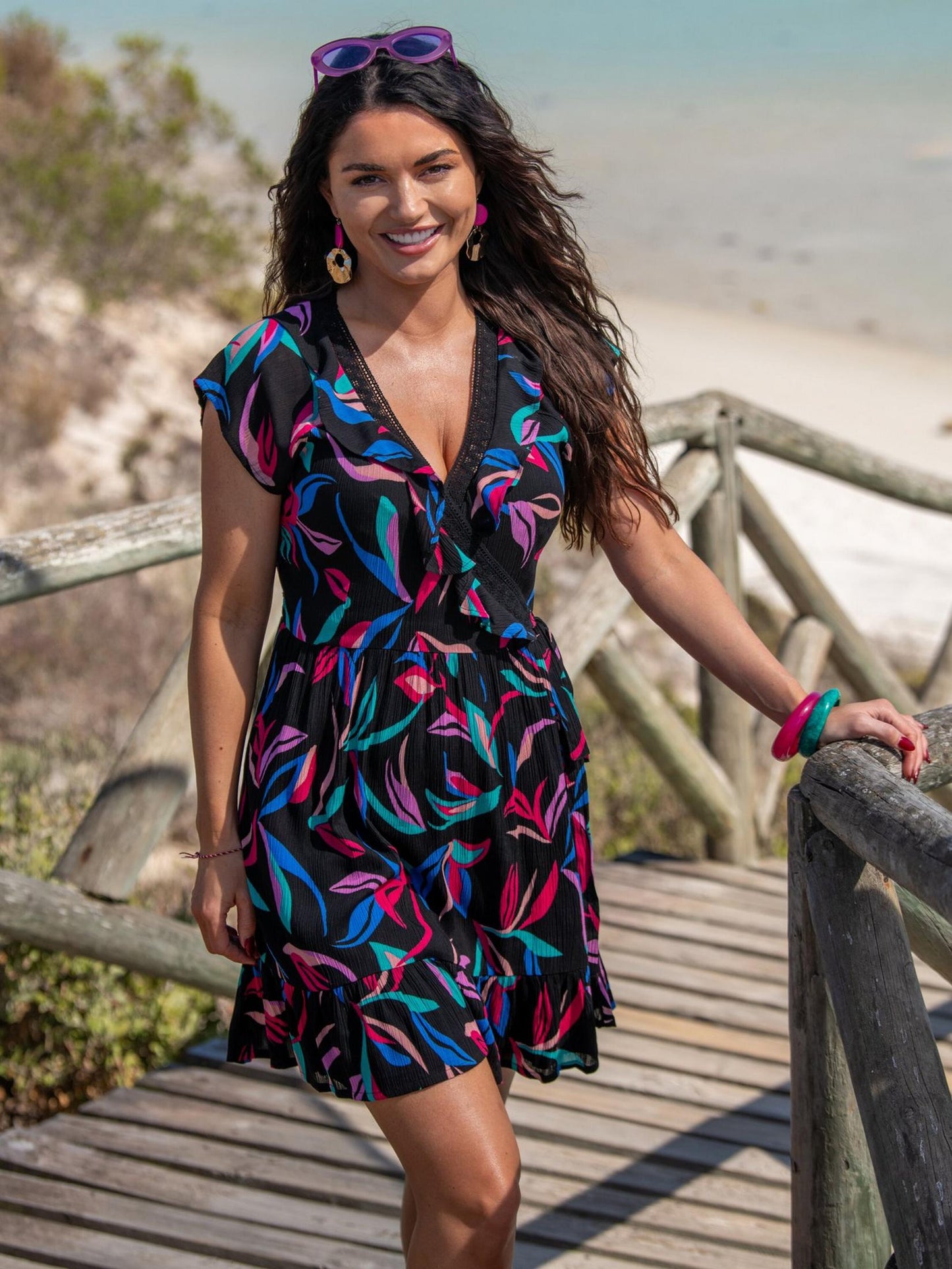 Pour Moi LENZING™ ECOVERO™ Viscose Crinkle Frill Wrap Crochet Trim Beach Dress - Multi