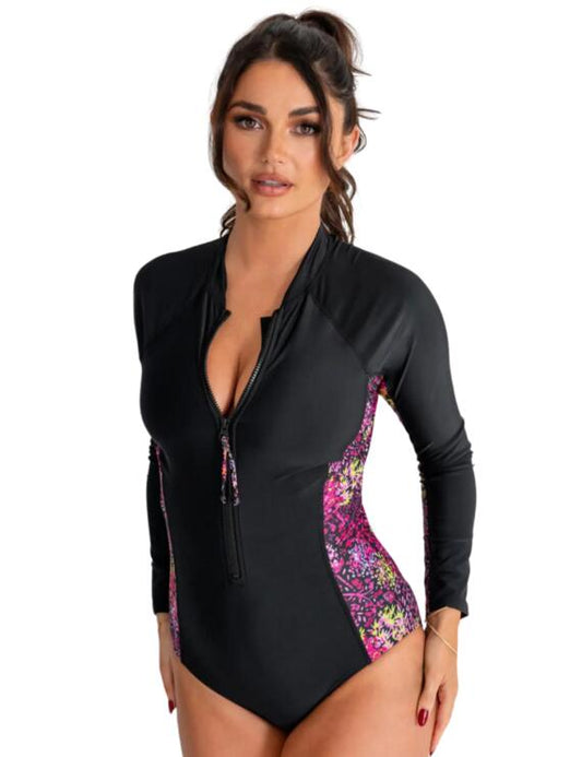 Pour Moi Energy Long Sleeve Swimsuit in Black Confetti