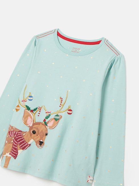 Joules Girls' Ava Green Metallic Star Print Artwork T-Shirt Reindeer