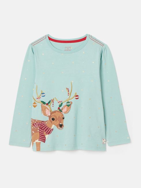 Joules Girls' Ava Green Metallic Star Print Artwork T-Shirt Reindeer