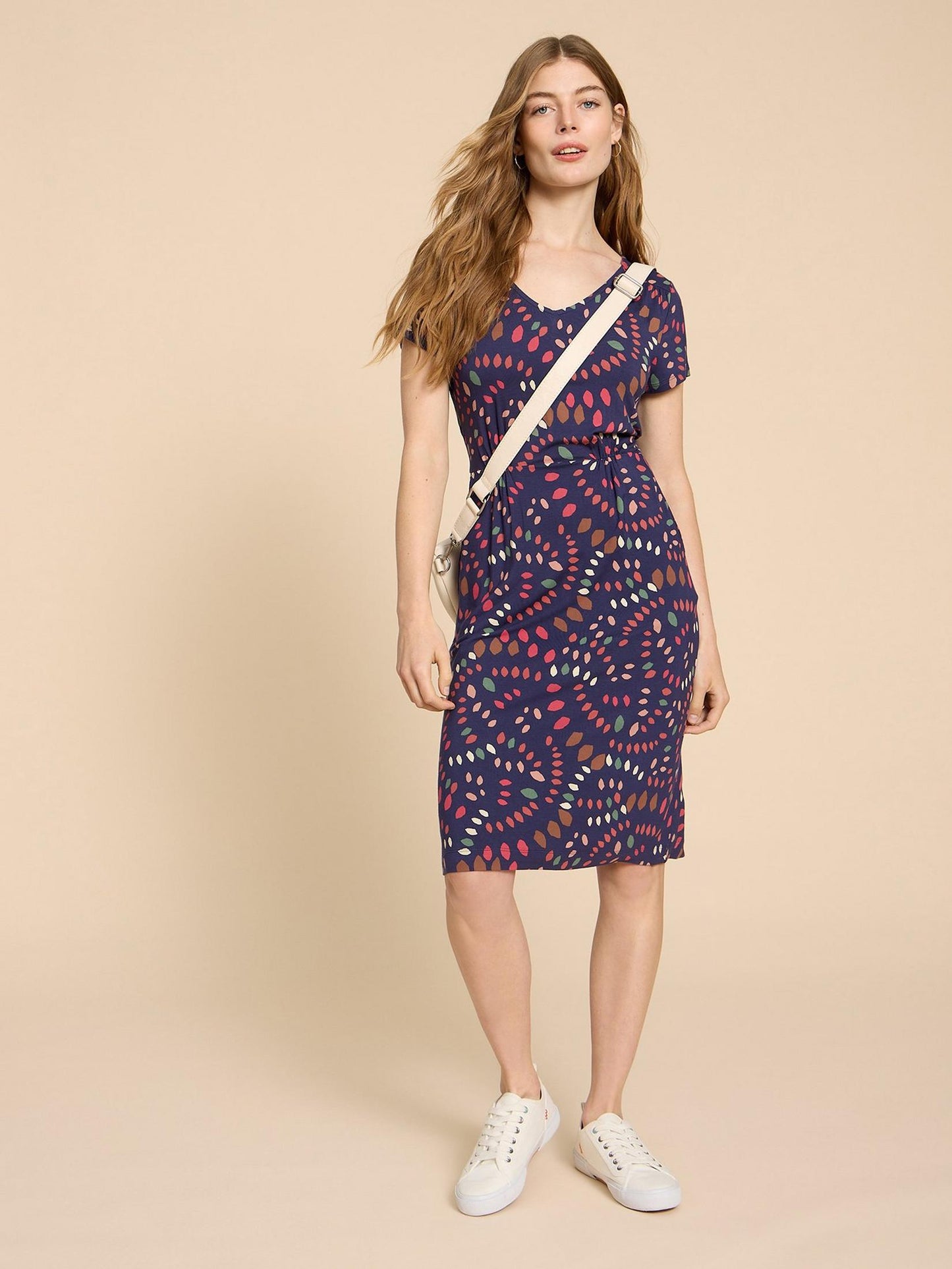 White Stuff Tallie V Neck Jersey Dress in Navy Print