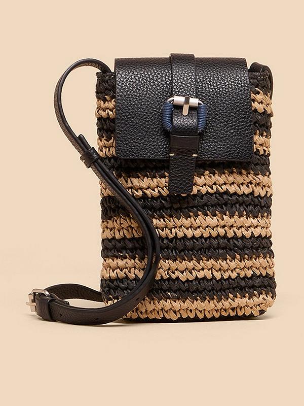 White Stuff Clara Buckle Raffia Phone Bag in Black