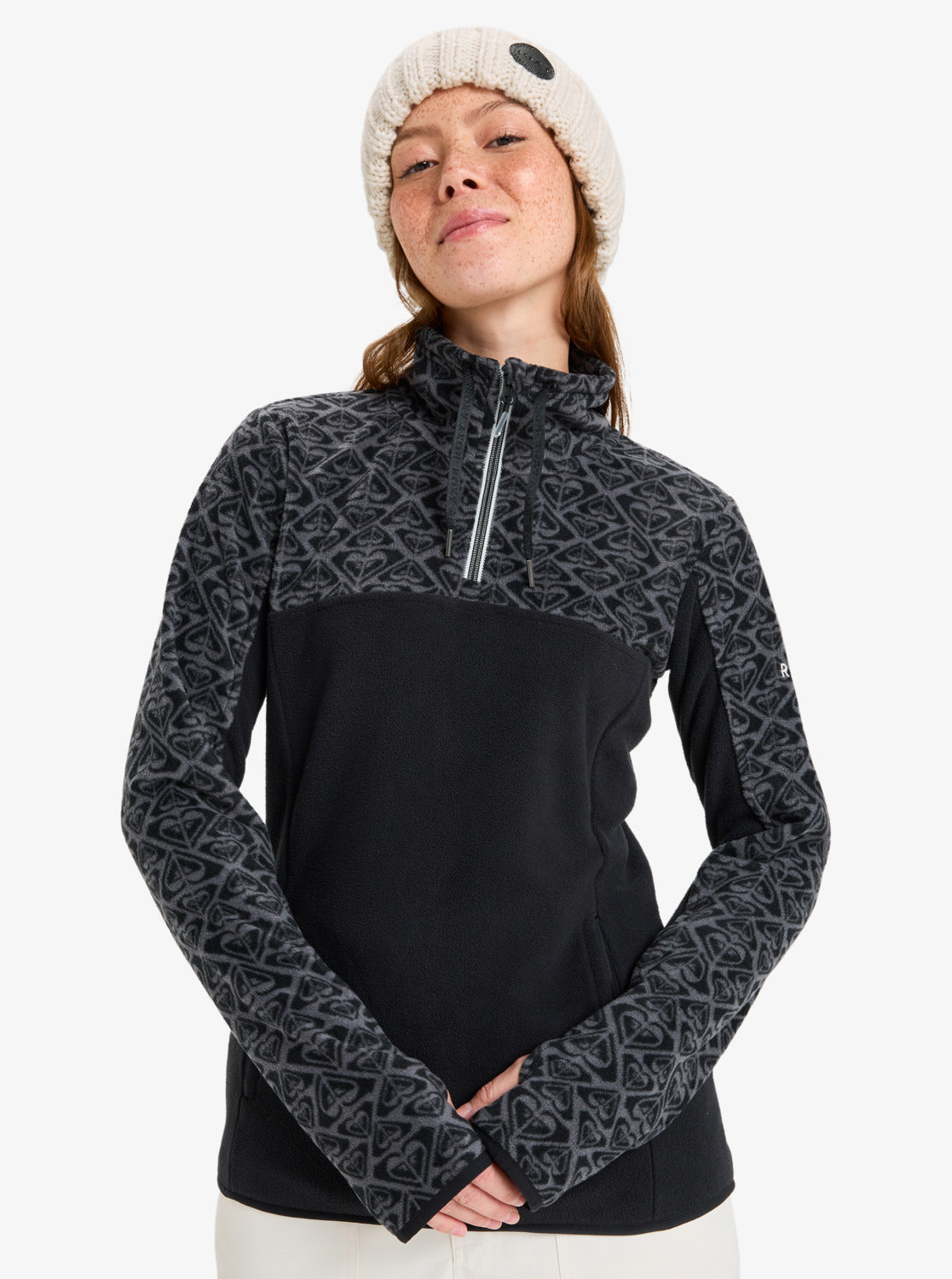 Roxy Sayna Half Zip Polar Pullover in True Black Roxygram Tonal