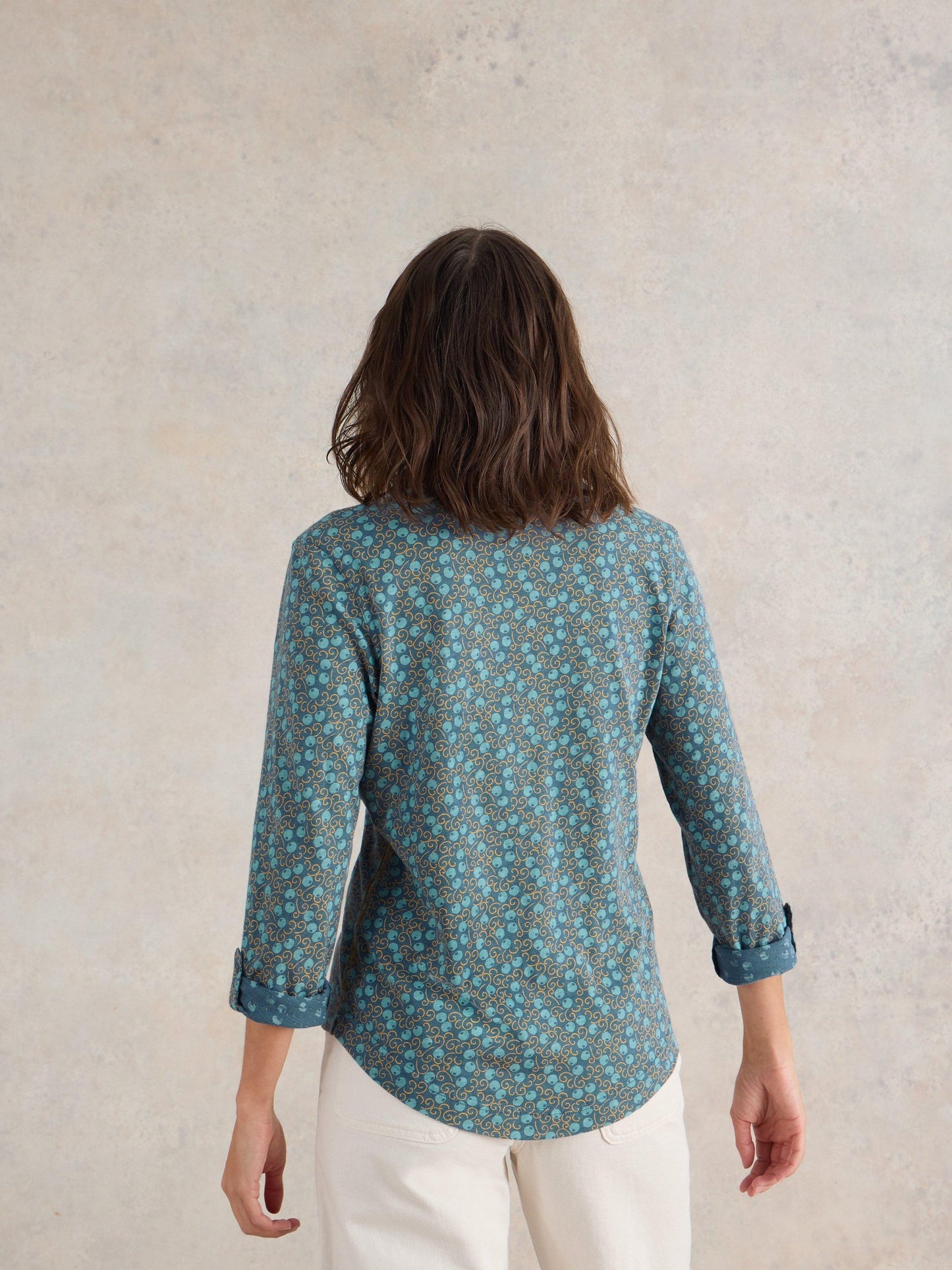 White Stuff Annie Jersey Shirt in Teal Print