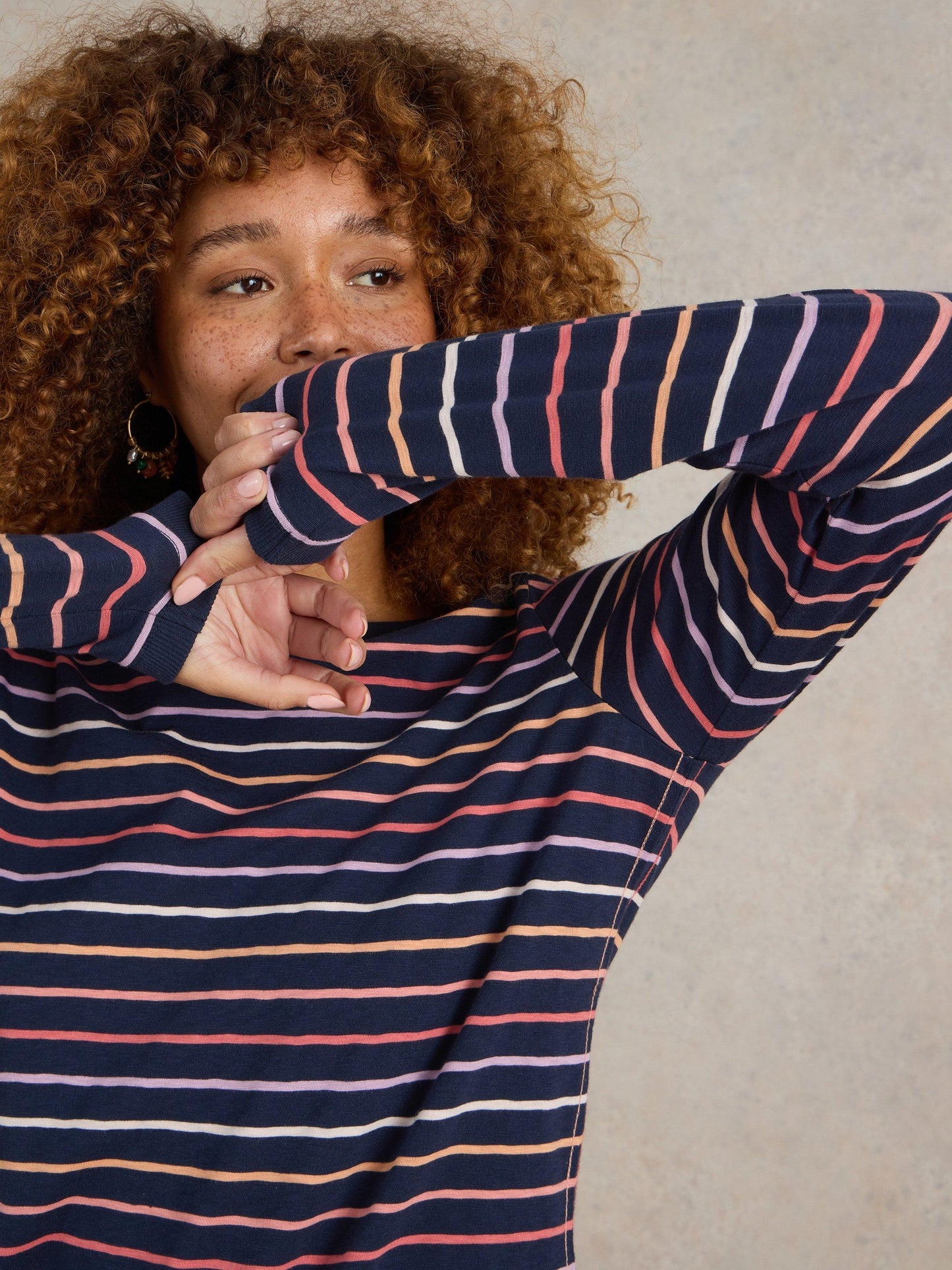 White Stuff Clara Stripe Long Sleeved Tee in Navy Multi