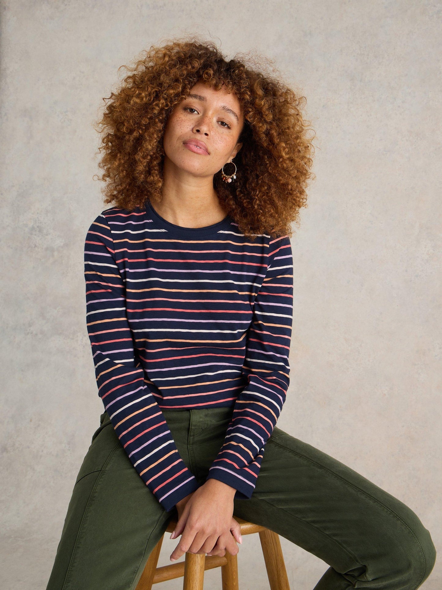 White Stuff Clara Stripe Long Sleeved Tee in Navy Multi